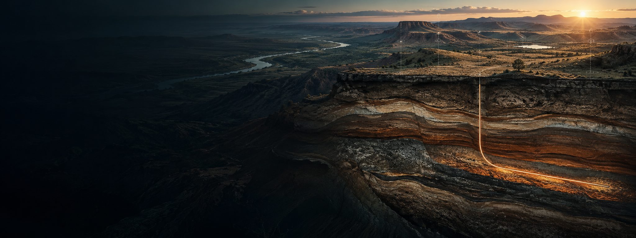 Geological cutaway illustrating a well path through subsurface formations